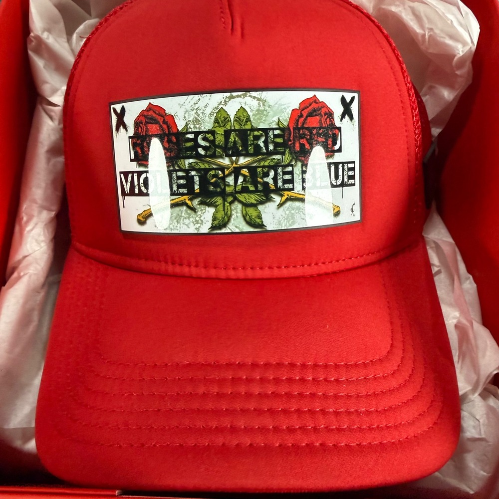 PARTCH Red Trucker Hat Roses Removable Art Clip Snapback Unisex O/S Box